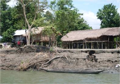 A Mising (ethnic tribe) village at  upper Assam's Lakhimpur district with houses built on stilts to escape the wrath of floods 