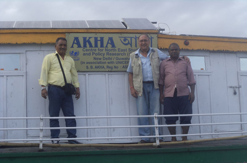 Victor Banerjee onboard Akha the Dibrugarh Boat Clinic anchored at Maijanghat. 