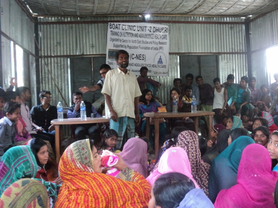 At Dhubri the training was held at Katiar Alga Char. The resource persons were C-NES’ Associate Programme Manger Manik Ch Boruah,Dr. Farhana Rahman(M.O,Boat Clinic Dhubri) and dietician Sultana Afrin from NHM,Dhubri. The program started with introductory note by Sultan Nekib (DPO, Boat Clinic Dhubri District)