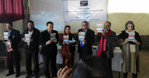 Lok Sabha MP from Sikkim, PD Rai releasing the book. (From left) Ashok Rao, Programme Manager, Dr C R Hira, Technical Consultant, PD RaiLok Sabha MP from Sikkim, PD Rai, Communications Officer Bhaswati Goswami Chairman, C-NES Board of Trustees, Dr VA Pai Panandiker, Founder President of the Centre for Policy Research, New Delhi, Prof Sanjoy Hazarika and Preeti Gill, literary agent and former Consulting Editor of the Publishing House Zubaan.