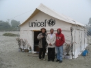 Rattan Saikia, hotelier and supporter of C-NES in Dibrugarh, with Sanjoy Hazarika (in red sweater) and Kamal Gurung, who builds the boats, in between.