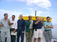 Meghalaya Chief Secretary Ranjan Chatterjee takes a photo during a short trip on the boat clinic SB Swaminathan at Dibrugarh. The trip was to show case the work of the medical teams. Also in the picture are (right to left) PD Rai, deputy chairman of the Sikkim Planning Commission (light blue shirt),  Sanjoy Hazarika, former Union Agriculture Secretary Bhaskar Baruah (dark blue shirt and trousers), Program Manager Ashok Rao and Lt.-Gen. (Retd.) JM Mukherjee